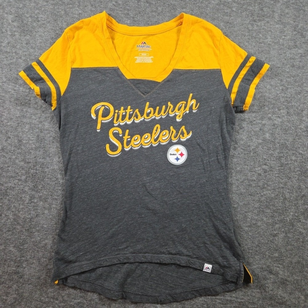 Pittsburgh Steelers Majestic T-Shirt Women Small V Neck 1/4 Sleeve NFL Yellow